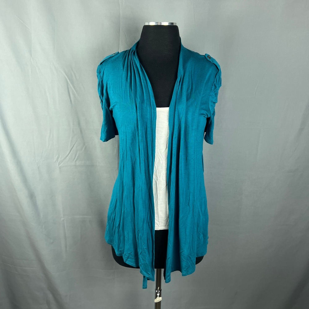 Iz Byer Cardigan Womens Medium Teal Stretch Loose Fit Open Front Ruched Sleeve